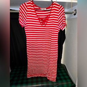 Heart & hips red and white striped tshirt dress w/tie